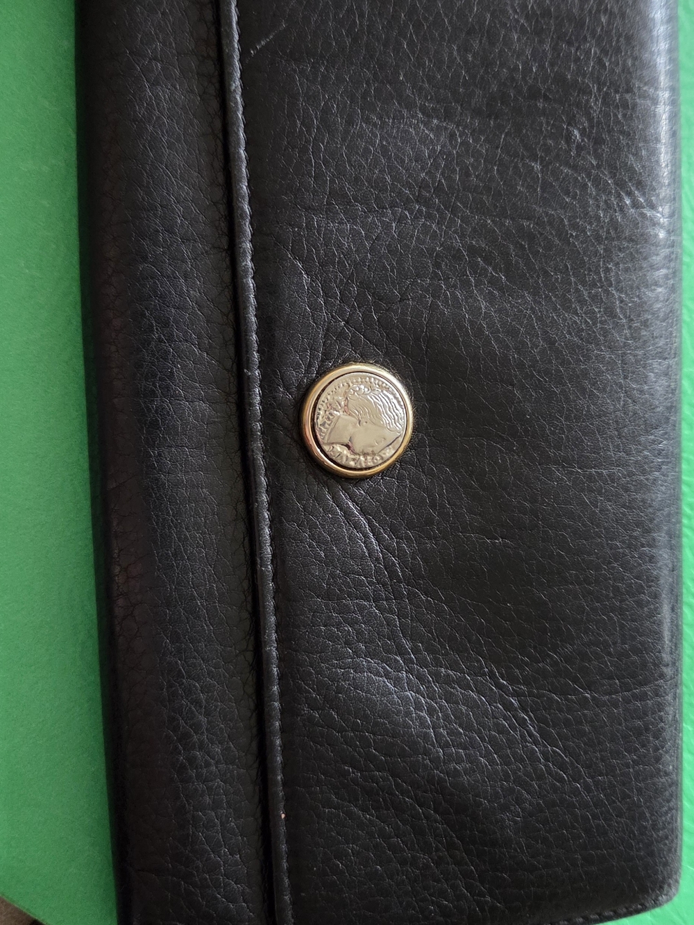 Vintage Bvlgari Black Leather Long Wallet with Gold Coin Detail